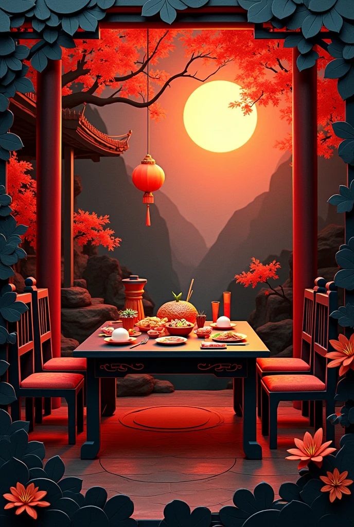 Masterpiece、(Three-dimensional paper cutting art、dark atmosphere, mystery and fantasy a papercut of a table full with chinese food
