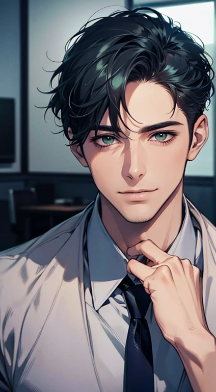 (Highest quality,4K,8K,High resolution,masterpiece:1.2),Super detailed,(Realistic,photoRealistic,photo-Realistic:1.37),1 person,34 years old,Mature Men,Beautiful skin、very handsome,Expressionless smile in love,Short blue hair,green eyes,Sharp Eyes,A perfect face without a doubt,Businessman, CEO, Office Background,Cinema Lighting,HDR image,tie、