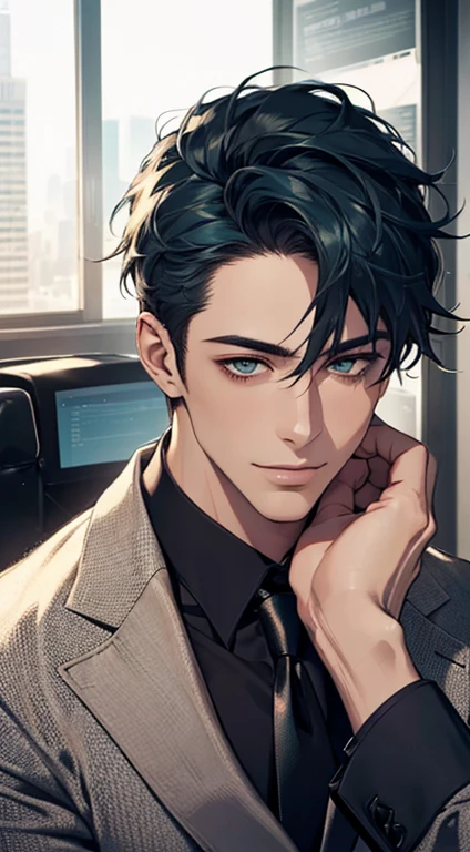 (Highest quality,4K,8K,High resolution,masterpiece:1.2),Super detailed,(Realistic,photoRealistic,photo-Realistic:1.37),1 person,34 years old,Mature Men,Beautiful skin、very handsome,Expressionless smile in love,Short blue hair,green eyes,Sharp Eyes,A perfect face without a doubt,Businessman, CEO, Office Background,Cinema Lighting,HDR image,tie、