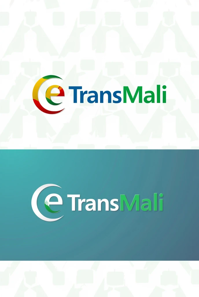 Logo design pour application web de gestion compagnie voyageur au Mali ( utiliser des routes e, couleurs du drapeau du Mali pour le e et eTransMali en bleu et vert) simple minimaliste