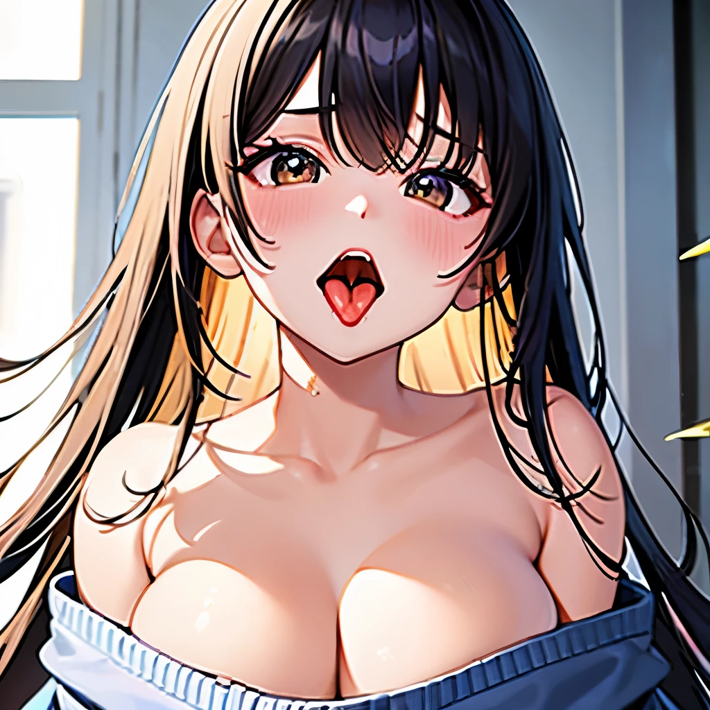 close up，HD，（Better drawing detail），Excellent image quality，（more details），Fine，High-quality masterpiece，Girl，Lie on me，Look up to me，Elongated hair，Ruddy skin，Cleaning the collarbone，The clothes slipped down.，Water stains，Wearing sweats，saliva，（Absurd big mouth，Sticking out an extra-long tongue，头部close up，The head is intact，（（More delicate oral）），（（throat）），（saliva），（（Heavy breathing）），（uvula），（Loose clothing））