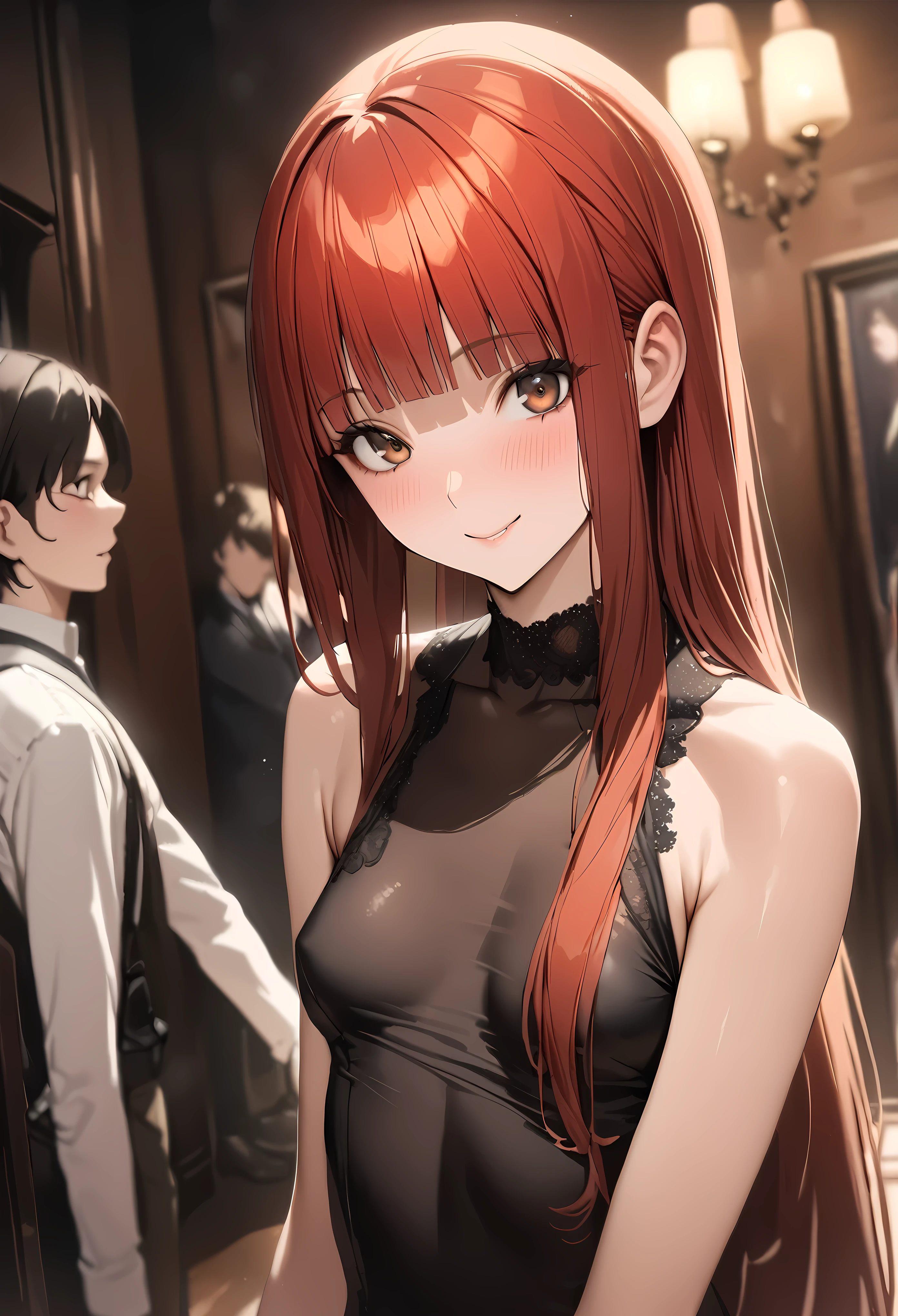 ((masterpiece,best quality anime,Highest quality:1.3)),realistic,,cowboy shot,(30 year old beauty), gunslinger ,1woman,solo,((very small head:1.4)),((very long body:1.3)),red hair,bangs,(straight long ponytail hair),gorgeous big eyes,brown eyes,smile,((black mini dress)),((slender body:1.3,skinny)),small breasts,gleaming skin,shiny skin,Luxurious party venue、Luxury hotel party、Party goers in the background、The World of Westerns、