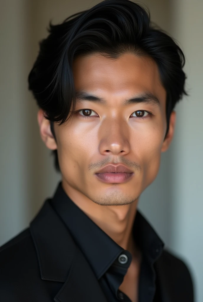 Asian-Indian-American Male Model with white skin, black hair, black eyes, perfect face ratio.