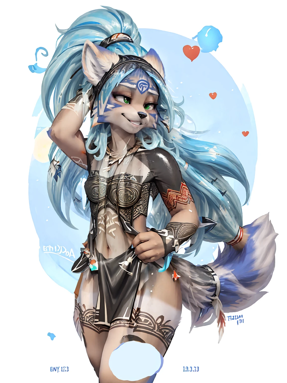 A beautiful and detailed (sweet picture) wa ((krystal)), Star Fox Krystal, sslim, lovable, green eyes, medium breasts, (((Long blue hair 1.3))),  ((Tips for black hair)), Decollete, grin, look up,, anthro, furry, Uploaded E621, detailed fluffy fur, (wa Fluff-Kevlar, Bayard Wu, personalize me, Pino Daeni), detailed face, (fluffy), 1 girl, alone, (((Tribal clothing:1.3))), ((leather breastplate)), sweet girl, alone,
