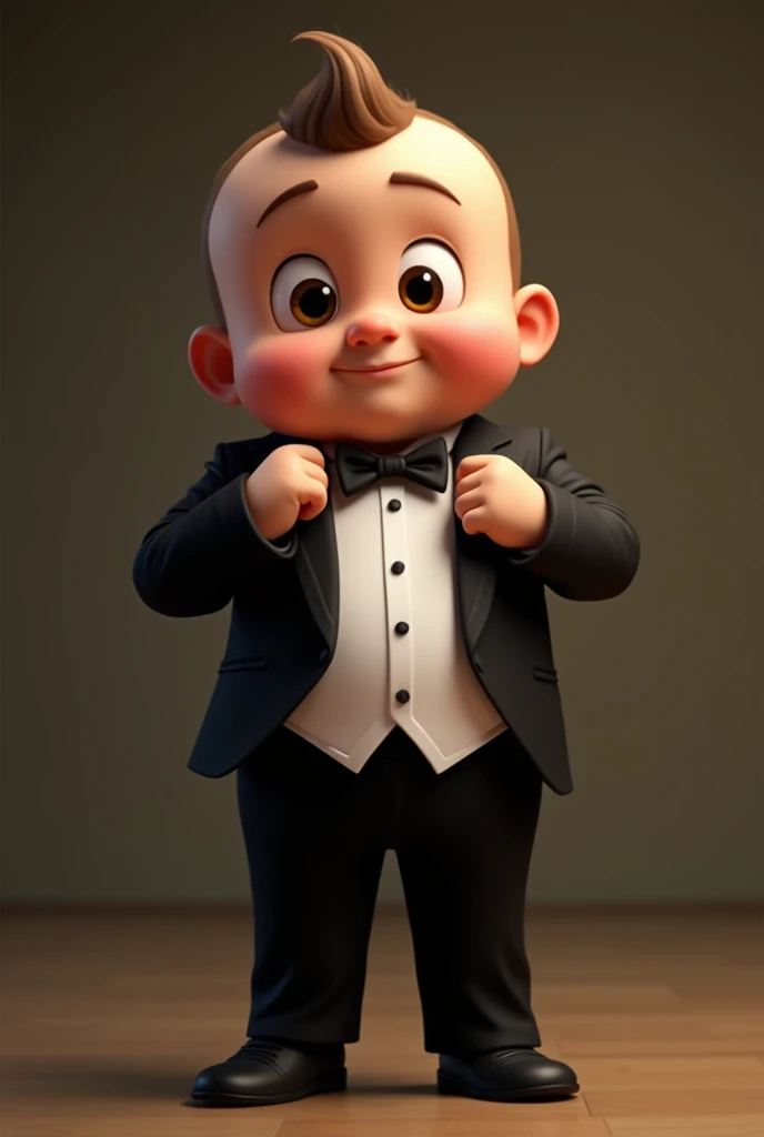 Create Tux in a tuxedo, adjusting the tie as if he were the boss baby.