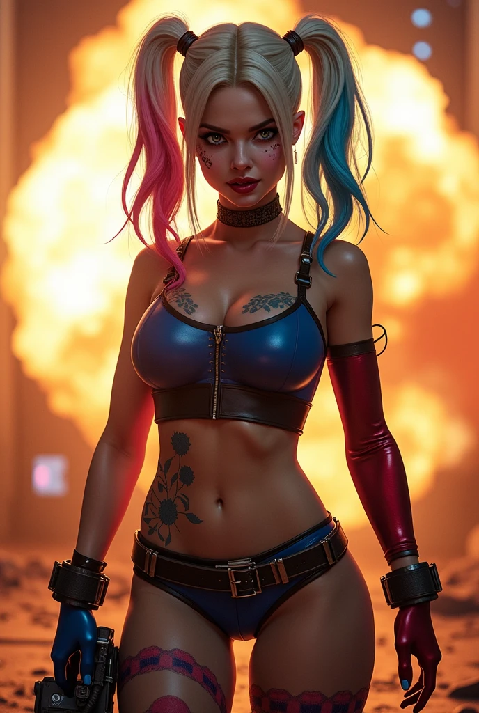 Harley Quinn in her Birds of Prey movie outfit, looking serious at the camera, biting a bomb with an explosion behind her. 