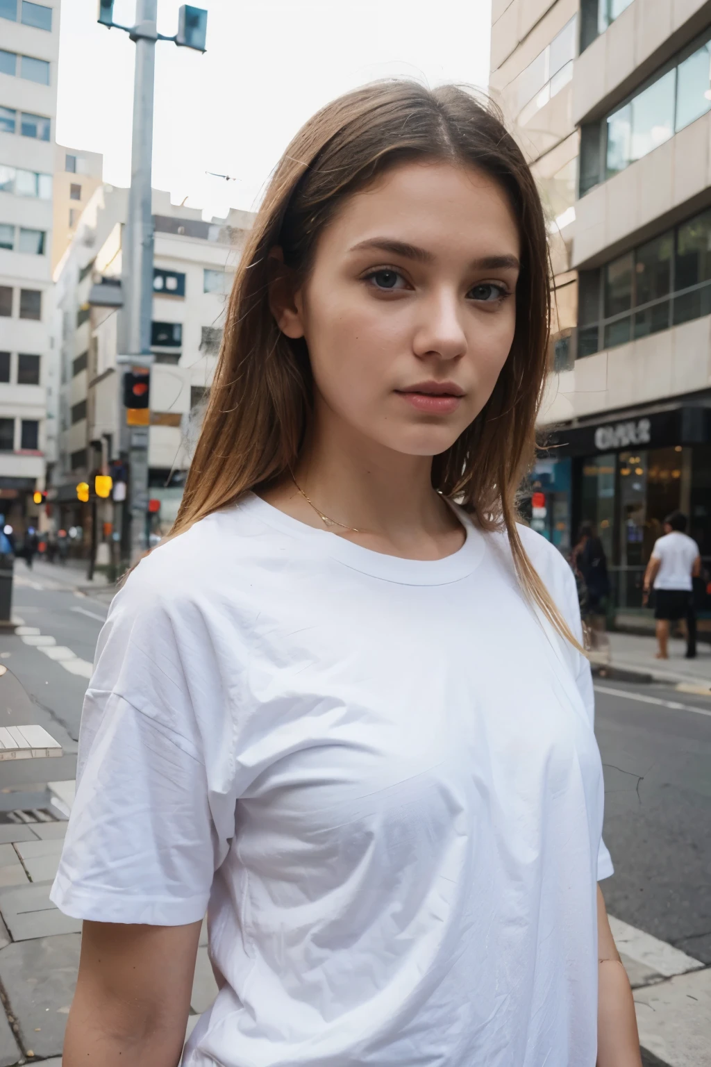 blonde woman, white skin, blue eyes, plain white oversized t-shirt without print, street background