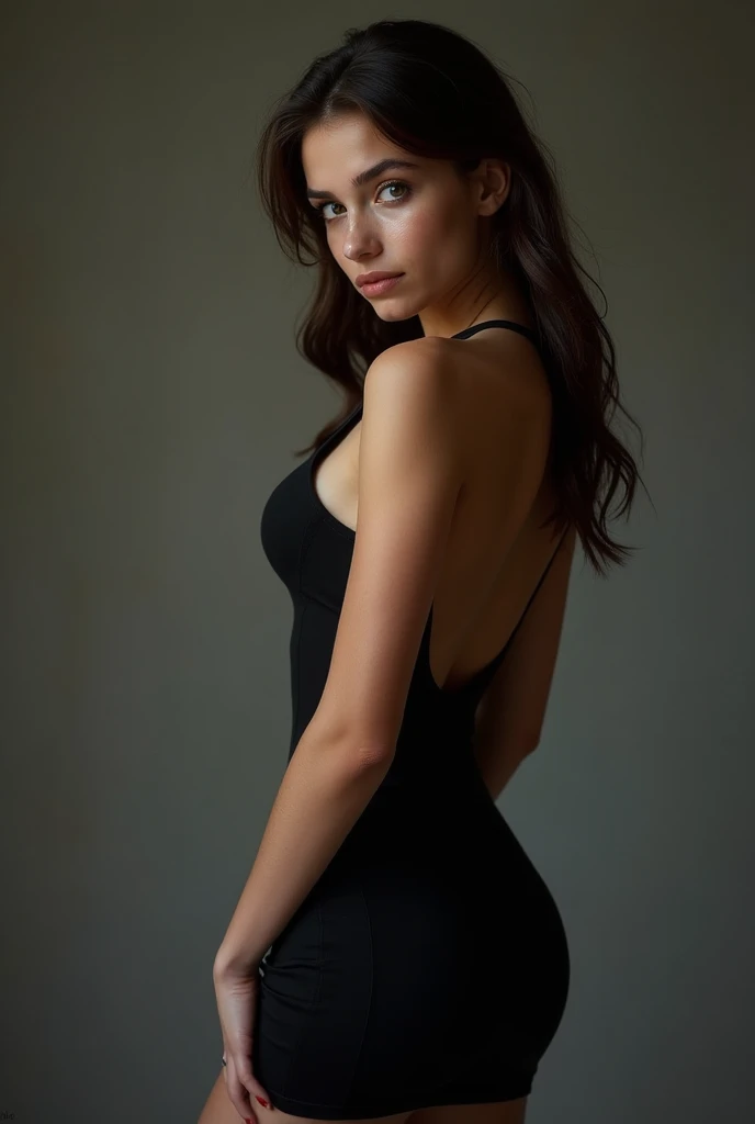 European girl ,, black tight dress, perfect small ass, skinny figure , maximum resolution, ultra detailed, ultra realistic, view close on ass, hourglass figure, detailed face, crying 