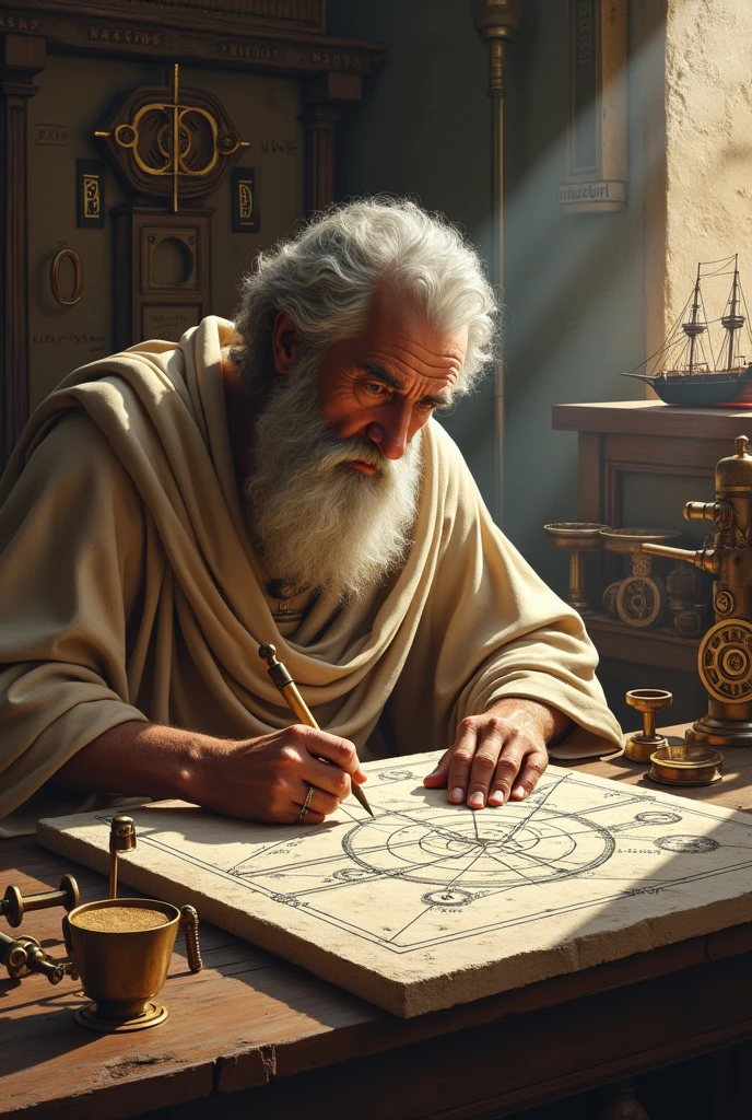 Archimedes in an ancient Greek workshop, deeply focused as he sketches a complex diagram of levers and pulleys on a stone tablet. The scene is filled with tools, gears, and mechanical devices that reflect his inventions and contributions to physics. In the background, a small model of a ship illustrates his work on buoyancy and displacement, with mathematical formulas subtly integrated into the environment