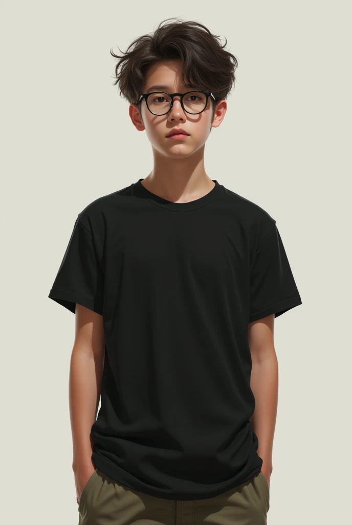A boy very thin age 16 and wear a black glasses and teashirt and short and looking like real boy