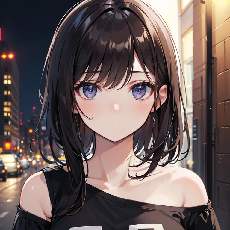 (best quality, High resolution, masterpiece :1.3), A beautiful woman, slim body, Dark brown hair, t-shirt, (City streets at night), Highly detailed face and skin textures, delicate eyes, double eyelids