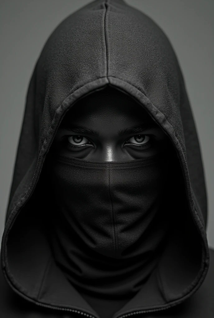 A black man wearing a black and white thread mask only showing his eyes (make sure everything is covered except his eyes, like a ninja mask)