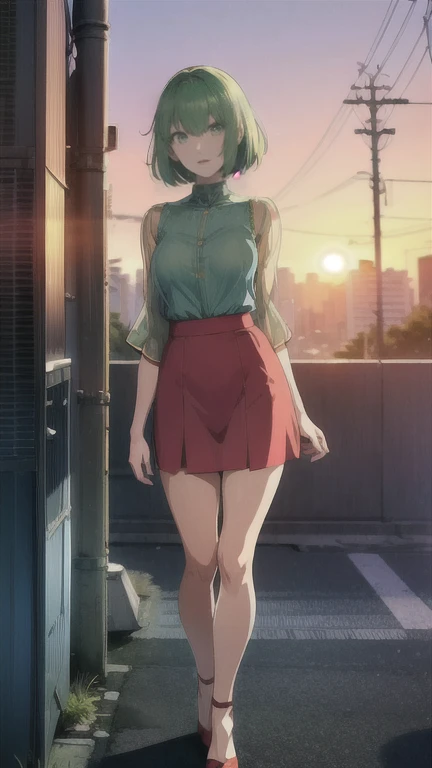 anime、(((Tokyo at sunset)))、One Woman、Short Hair、See-through blouse、Blue tight skirt、Hair fluttering in the wind、Full body portrait、Green Hair、Grey high heels、it's raining、
