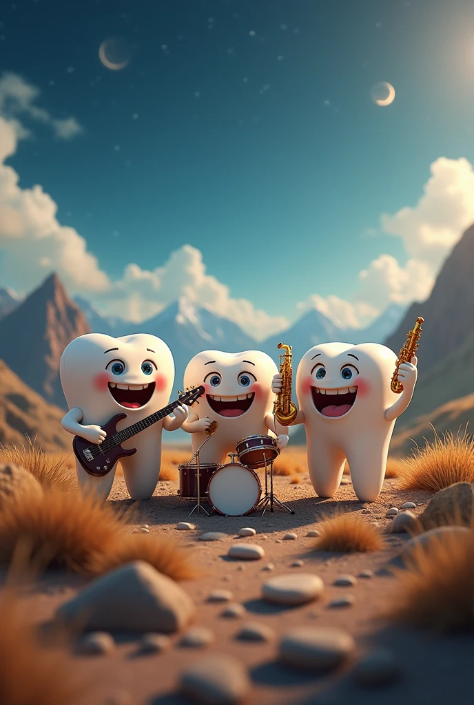 A group of three smiley tooths with musical instruments with a beautiful cinematic background 