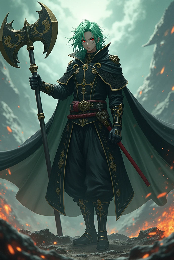 Nam Kimetsu yaiba, light green hair, black cloak ,use Great Battle Axe
