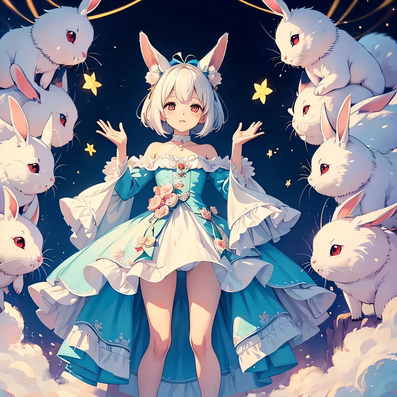 both hands waving, a anime style cute small white rabbit standing on two feet, two heads high, red eyes, tall ears, bob hairstyle, large face, short stature, wearing a light blue dress, (best quality,4k,8k,highres,masterpiece:1.2), intricate details,highly detailed,exquisite,stunningly beautiful,vibrant colors,soft lighting,fantasy,magical realism,white background