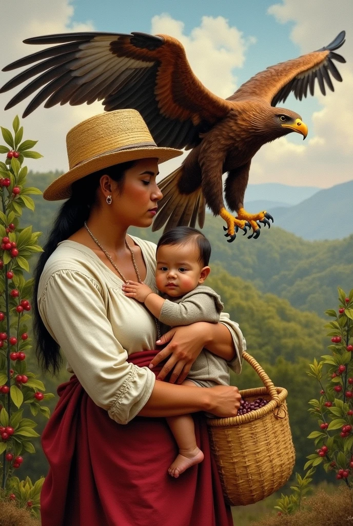 Create a painting using the impressionist technique with vivid colors accompanied by ochres and browns, In the image, a Mexican peasant woman of about 25 years of age will appear in the foreground., dedicated to the harvest of coffee beans, will only appear in three-quarter front bust size, She will be breastfeeding her baby boy about a year old dressed in simple clothes, Behind them will appear a huge Mexican golden eagle with its wings open and giving the impression that it is protecting this family with its wings., In the background you can see a diffuse landscape of the Veracruz coffee mountains, You can include the woven straw basket used for harvesting the coffee bean called cherry.