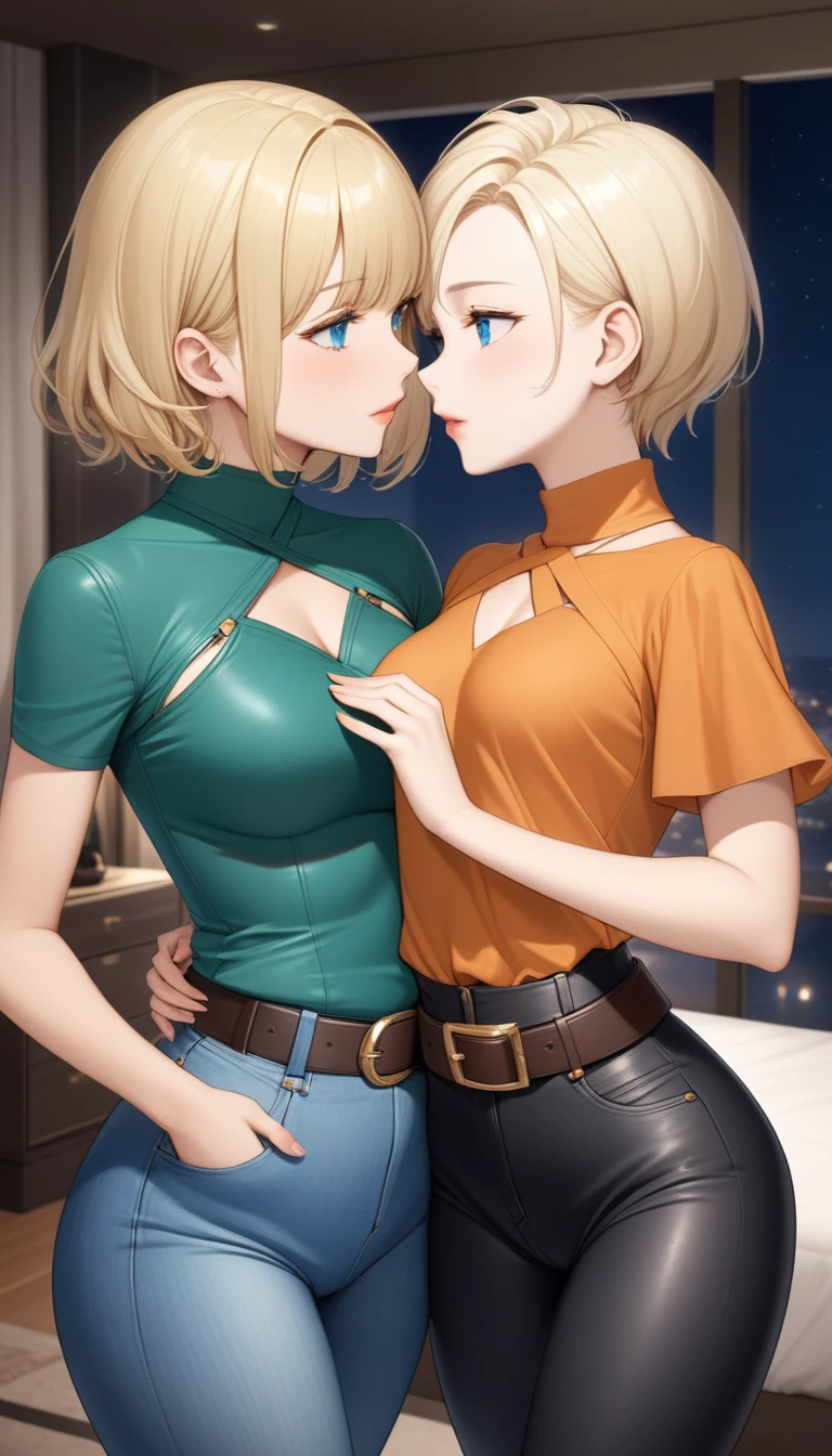 Two beautiful ladies ((lady 1: 35y old mom, with short straight blonde hair, lady 1 with blue eyes and caucasian skin, lady 1 wearing Tight Jeans and Leather Belt, lady 1 Sexy Criss Cross Mock Neck Short Sleeves Orange Blouse)), ((lady 2: 13y old daughter, with short straight blonde hair, lady 2 with blue eyes and caucasian skin, lady 2 wearing Tight Jean Shorts and Leather Belt, lady 2 Sexy Criss Cross Mock Neck Short Sleeves Green Blouse)), luxurious jewelry, 18k gold wedding ring on left hand, standing in their bedroom at night, hugging and kissing each other, (light brown lipstick), (elegant mascara), (slim body), (small breasts), (wide hips), endjourney, <lora:GoodHands-, <lora:GoodLegs-, UHD, high resolution, (expressive eyes, perfect face, full body, expressive face, perfect body, perfect pussy, athletic, fit, slim body, blushing, Perfect makeup, eyeliner, beautiful eyelashes, smiling, horny face), ((best illumination, best shadows)), ((sexy pose)), ((Front pov:1.1))