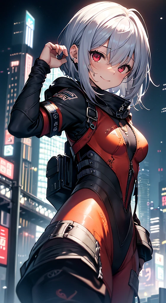 top-quality、Top image quality、in 8K,4K,masterpiece、、ultra-detailliert、Beautiful、ultra-quality、adult-like、Cool、girl with(((18year old、Tattered rubber suit 1:3、Small breasts、silber hair、a short bob、Red Eyes、flank、erotick:1.4、Happiness、The tattoo)))、from below looking up、opening legs widely、Raise your hands up:1.3、hiquality、visualart、Background with((nightcity:1.2))、masutepiece