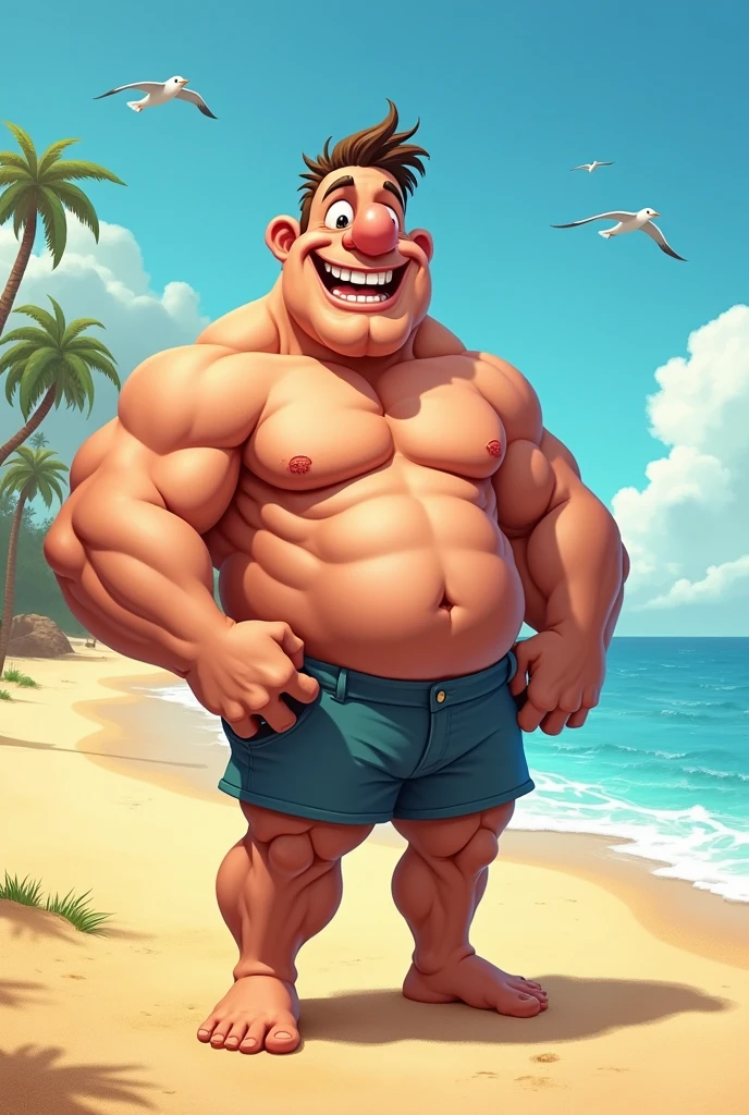 Caricature of a man, on a beach, muscular body, full body on frame