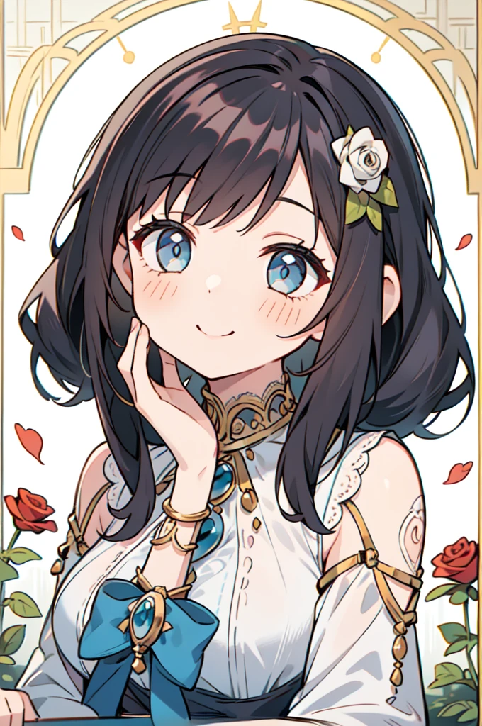 1 girl、My mouth opens slightly、A smile that opens its mouth slightly、Black Hair、Hair length、Long ears、Beautiful eyes and delicate face、Tabletop、Highest quality、の上 girl in rose lace dress、Rose dress、(Lace Material)、cute、A kind smile、Elegant、Character portrait, 
