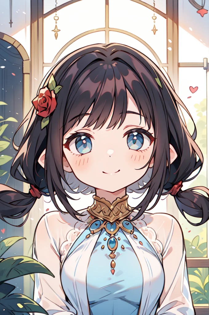 1 girl、My mouth opens slightly、A smile that opens its mouth slightly、Black Hair、Hair length、Long ears、Beautiful eyes and delicate face、Tabletop、Highest quality、の上 girl in rose lace dress、Rose dress、(Lace Material)、cute、A kind smile、Elegant、Character portrait,
