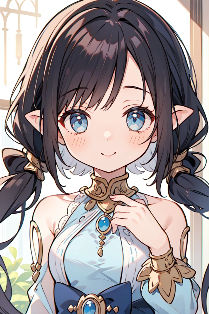1 girl、My mouth opens slightly、A smile that opens its mouth slightly、Black Hair、Hair length、Long ears、Beautiful eyes and delicate face、Tabletop、Highest quality、の上 girl in rose lace dress、Rose dress、(Lace Material)、cute、A kind smile、Elegant、Character portrait,