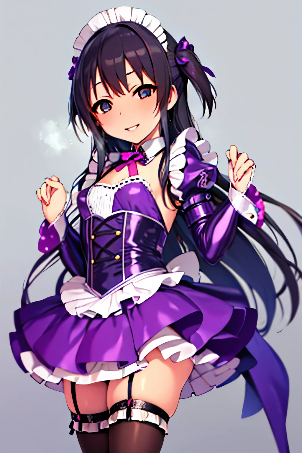 high quality,Masterpiece。Cute woman with long hair,Her hair color is brown,Hairstyle is long straight。She stands upright, facing the viewer.,Traditional Chinese。Her hands are empty,Both hands are not posing。She looks small。Her chest is flat and small,Good style。She has a pretty face and a smile,Eye color is blue,Both the same color。The outfit is a purple maid outfit made of PVC.,A maid outfit with a flashy design decorated with ribbons and frills.,The skirt of the maid outfit is a mini skirt,Both hands are wearing long gloves,The maid outfit, skirt and long gloves are made of shiny purple PVC that reflects the light.。Black garter socks on both legs。She is standing,Standing indoors。