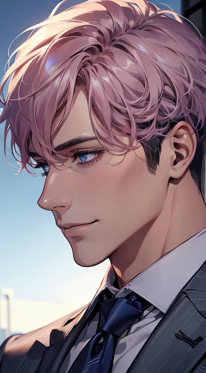 (Highest quality,4K,8K,High resolution,masterpiece:1.2),Super detailed,(Realistic,photoRealistic,photo-Realistic:1.37),1 person,31 years old,Mature Men,Beautiful skin、Profile、very handsome,Expressionless,smile,Short gray pink hair,blue eyes,Sharp Eyes,A perfect face without a doubt,Businessman,Office Background,Cinema Lighting,HDR image,tie、
