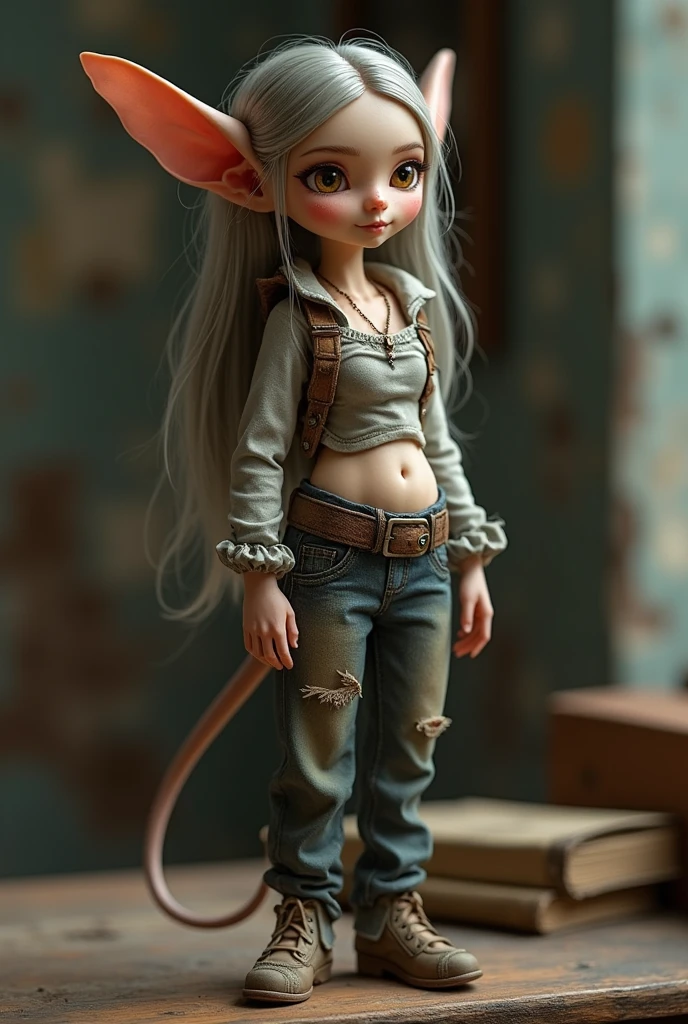 A small adult woman, 20cm tall, with long slender elf-like ears and a tail, adult face, normal sized head, adult body, medium breasts and curvy hips, wearing tattered clothes, standing on top of a desk, in a realistic photographic style