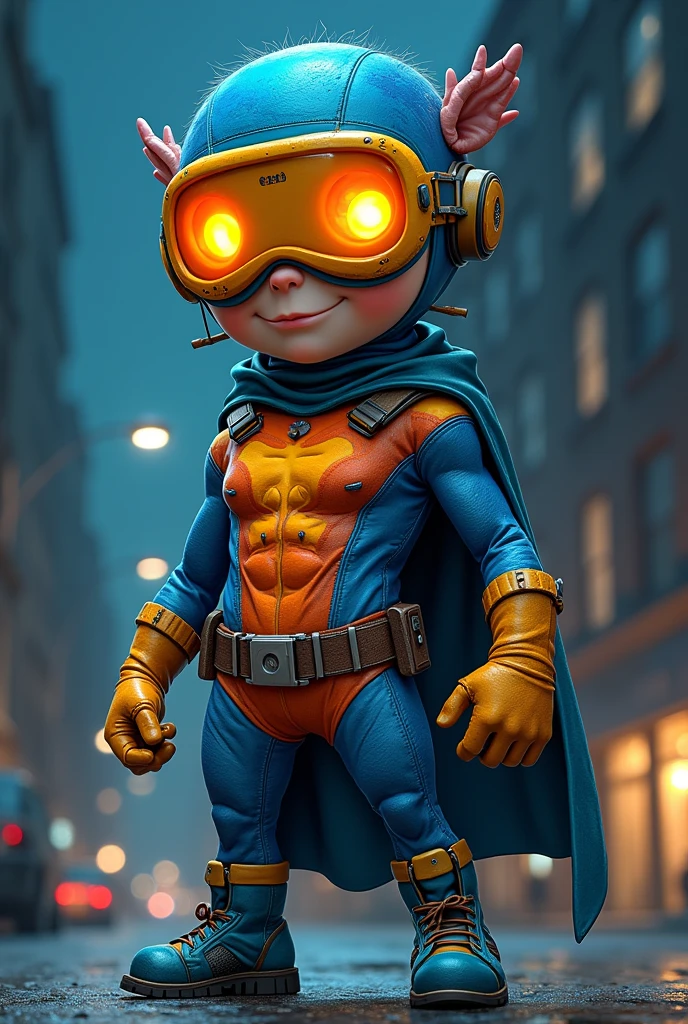 Rubber man with a colorful homemade hero costume and night vision goggles, Smiling
Generate the image with 2D animation in the style of What If and Invincible