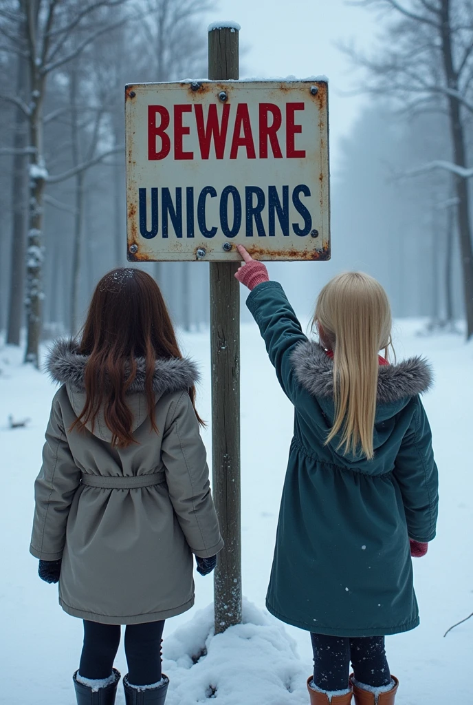 twogirls, a brunette and a blonde with their backs to the camera, pointing at a sign that reads 'Beware Unicorns' in a very cold and realistic place