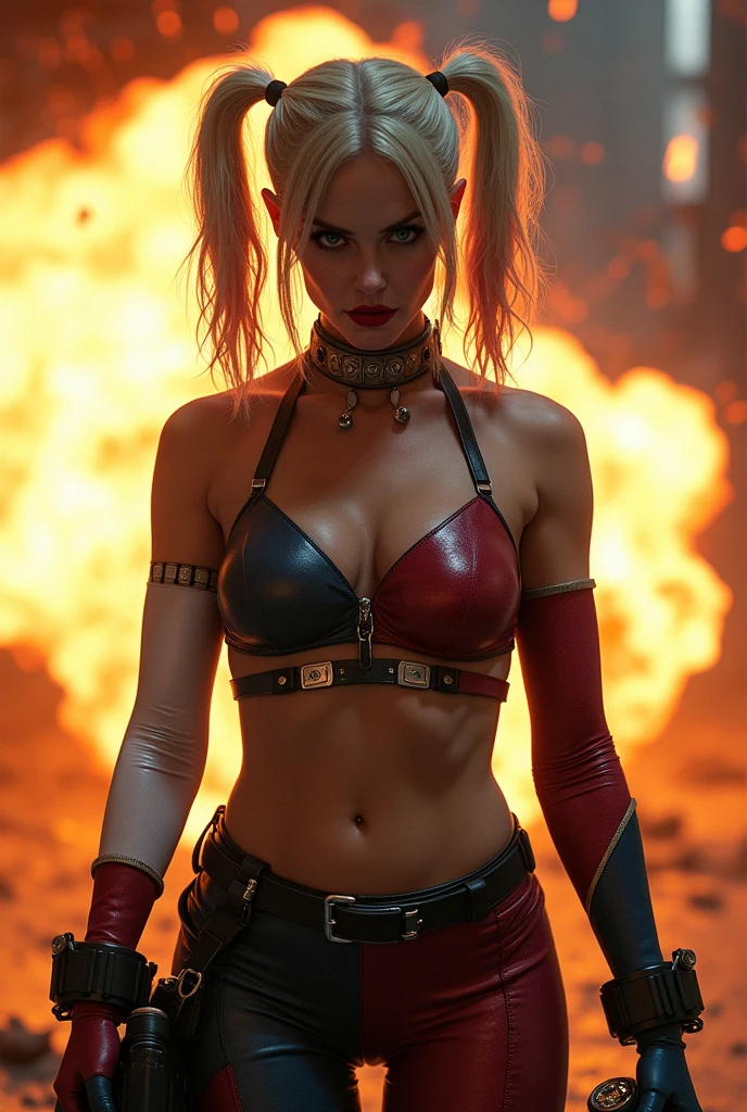 Harley Quinn in her Birds of Prey movie outfit, looking serious at the camera, biting a bomb with an explosion behind her. 