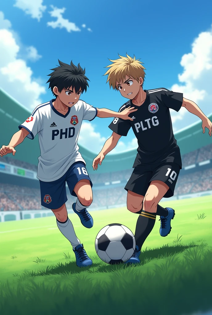 Two serious boys playing football,
One boy with the name "PHD" on its white sports shirt
The other boy is wearing a black sport shirt with the name "PLTG" on it
Make this photolike anime