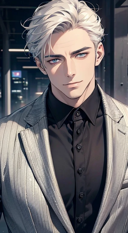 (best quality,4k,8k,highres,masterpiece:1.2),ultra-detailed,(realistic,photorealistic,photo-realistic:1.37),1 man,31 years old,mature man,very handsome,without expression,smile,short grey white hair,blue eyes,penetrating gaze,perfect face without errors,imposing posture,businessman,office background,cinematic lighting,hdr image