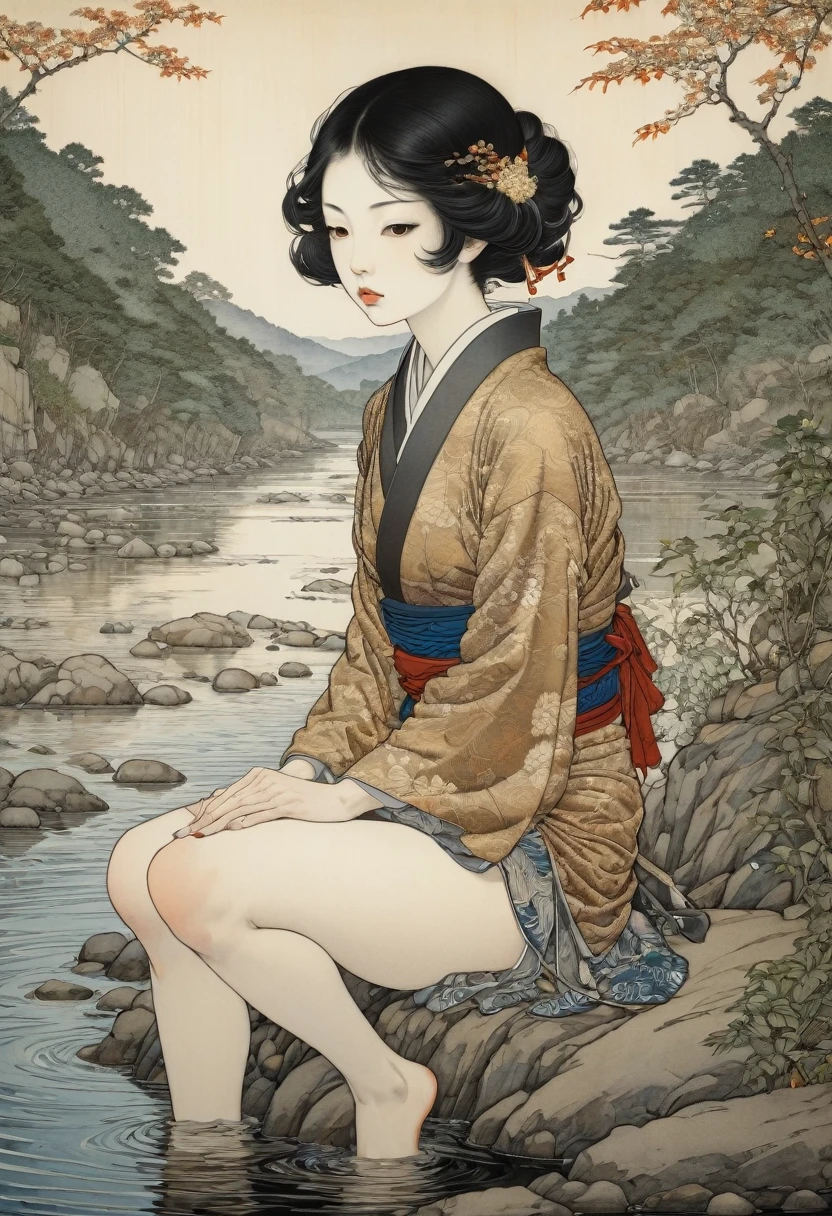 fullbody of woman sitting at river, by Takato Yamamoto, best quality, masterpiece, Representative work, official art, Professional, Ultra intricate detailed, 8k