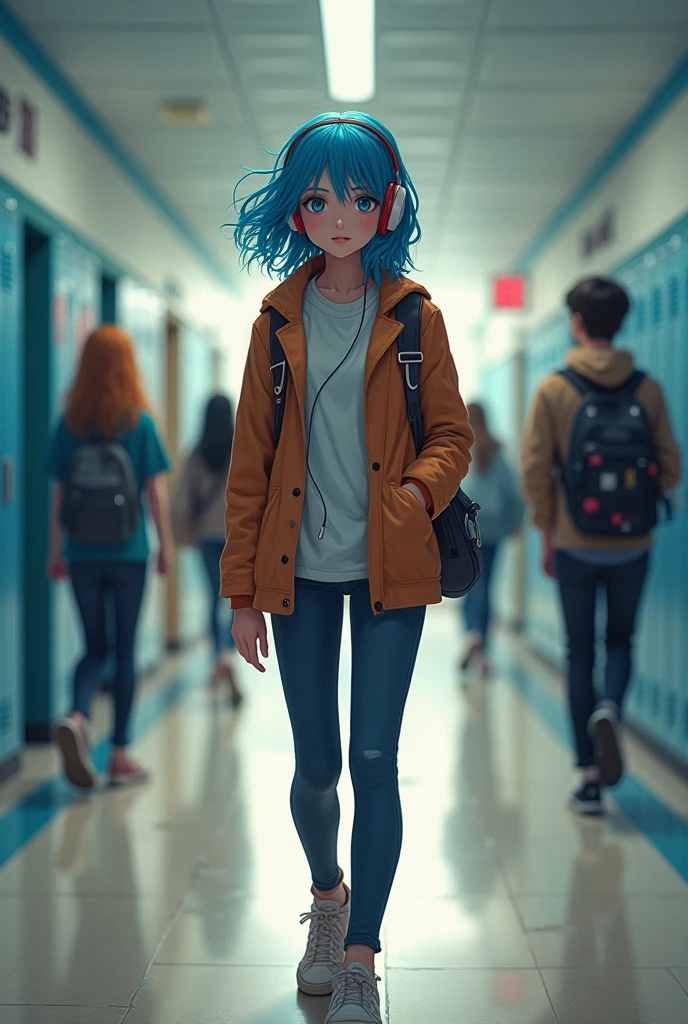A with blue, medium-length hair who likes rock., I was walking down the hallway of my school listening to music on my headphones.