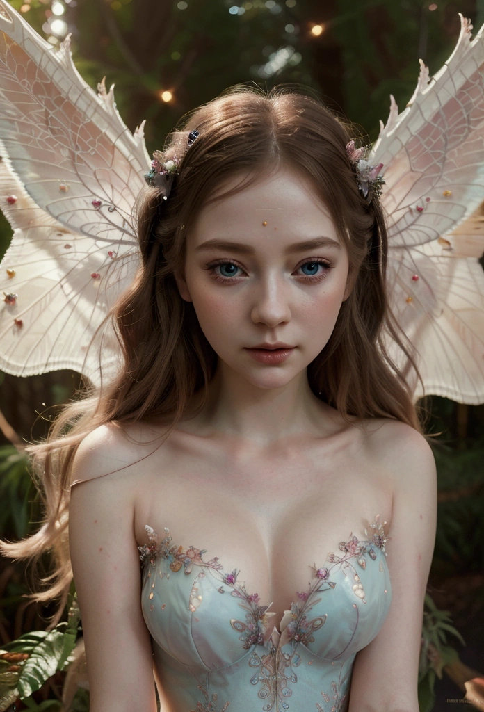 a beautiful fairy girl, delicate facial features, long eyelashes, porcelain skin, detailed intricate wings, whimsical expression, colorful fantasy forest background, magical glowing lights, warm soft lighting, vibrant colors, ethereal atmospheric, highly detailed, 8k, photorealistic, masterpiece