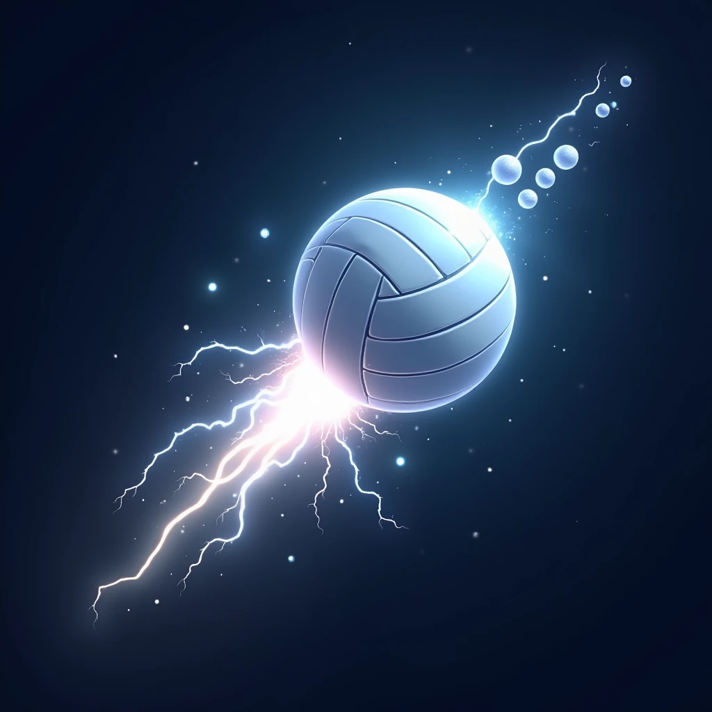 (logo 2d) a glowing comet-tailed volleyball, a bit longer and a brilliant white light. The ball is white and round, and it feels like it's flying with powerful energy, lively, passionate. The balloon flew across like a promising wish.. Like a lightning bolt surrounding the comet's tail, The comet's tail is thick, The comet's tail shines brightly. Surrounded by other smaller comets falling down