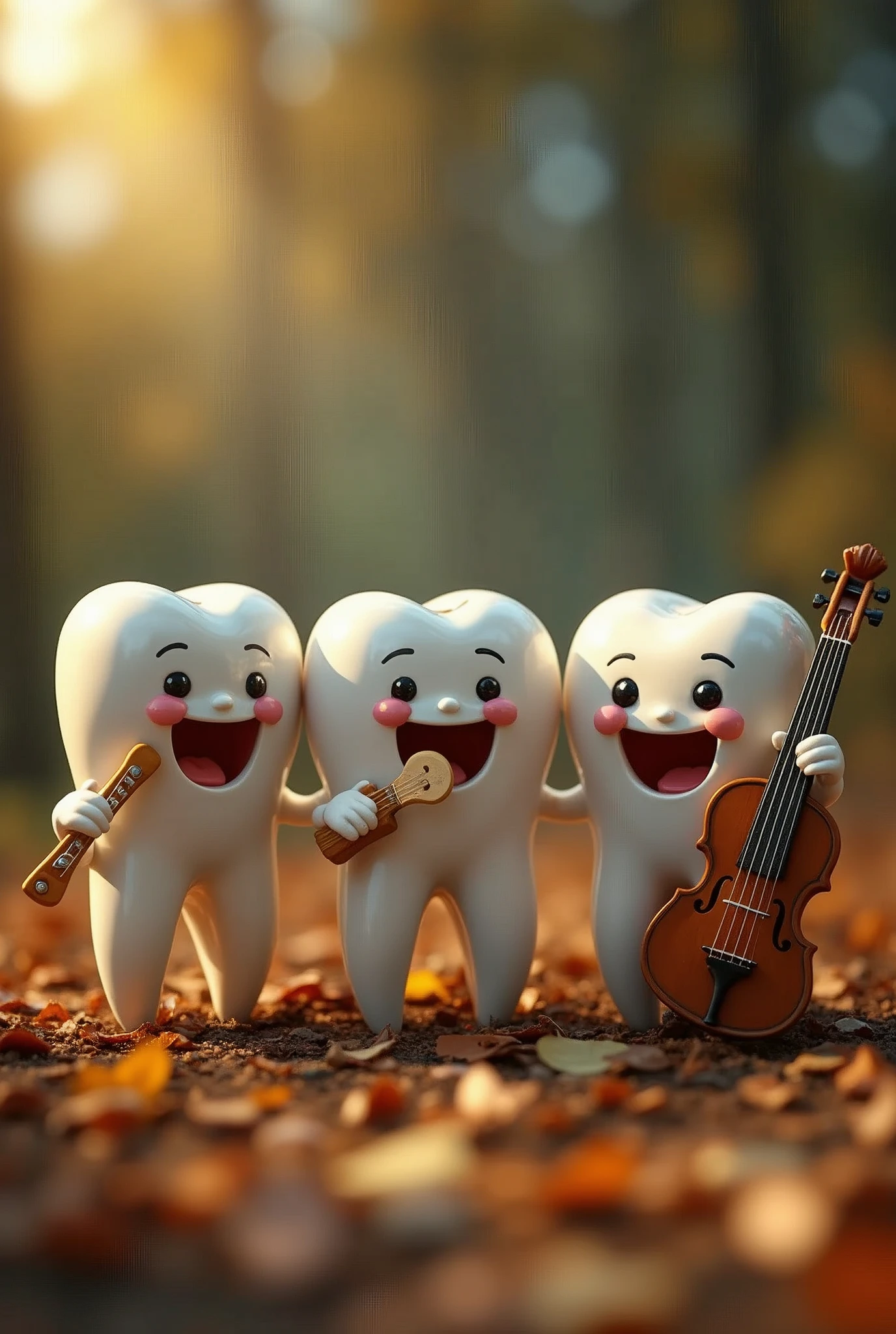 A group of three smiley tooth with musical instruments with a beautiful cinematic background