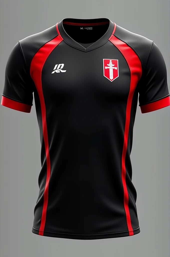 Create a black volleyball uniform shirt with red side details and writing. Small emblem at the top of the left chest and large emblem on the back of a sword stuck in the stone