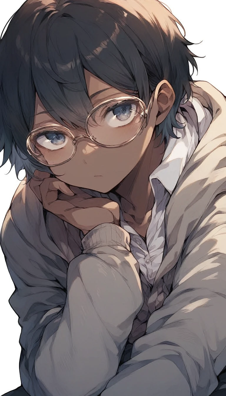 ((One girl)), anime, Short black hair, Dark Skin, Shiny glasses lenses, Mouth closed and expressionless, Sitting,
