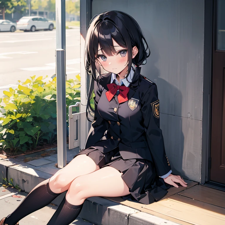 1 girl,((Uniforms)), blush,A faint smile, sitting,outdoor,