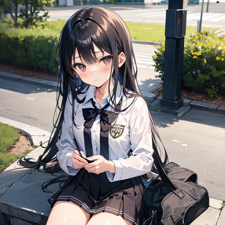 1 girl,((Uniforms)), blush,A faint smile, sitting,outdoor,