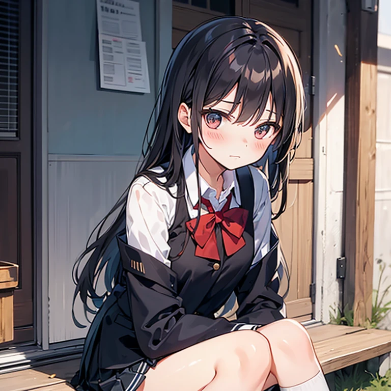 1 girl,((Uniforms)), blush,A faint smile, sitting,outdoor,