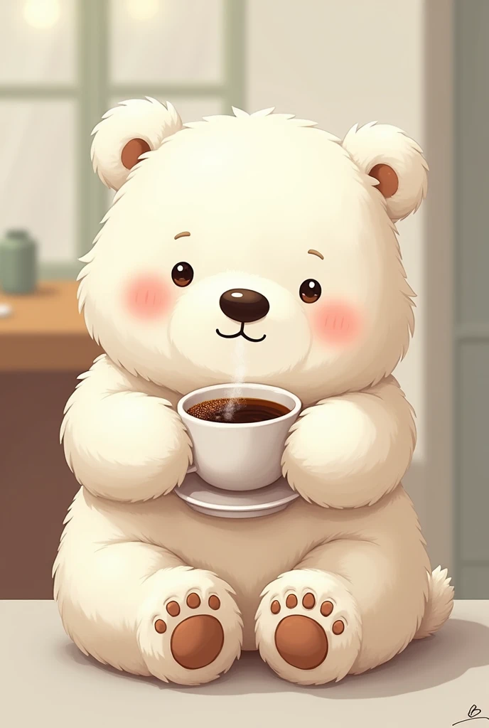 A furry fan art illustration of a polar bear with slightly human features holding a cup of coffee in art style 2.5D