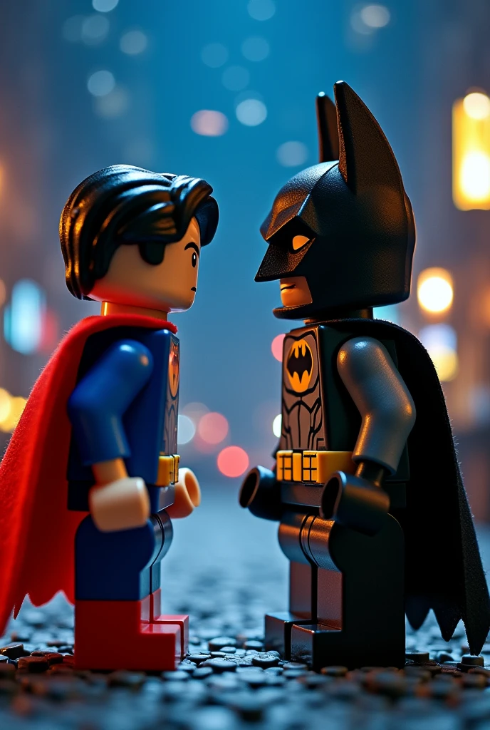 Superman and Batman in lego art, night