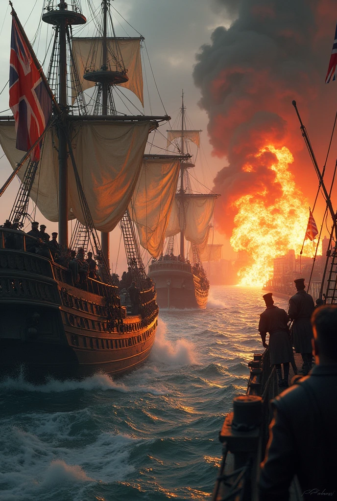 An epic scene of a boat with a cannon firing with the Danish flag battling against a British ship in a trench at the exit of a burning city