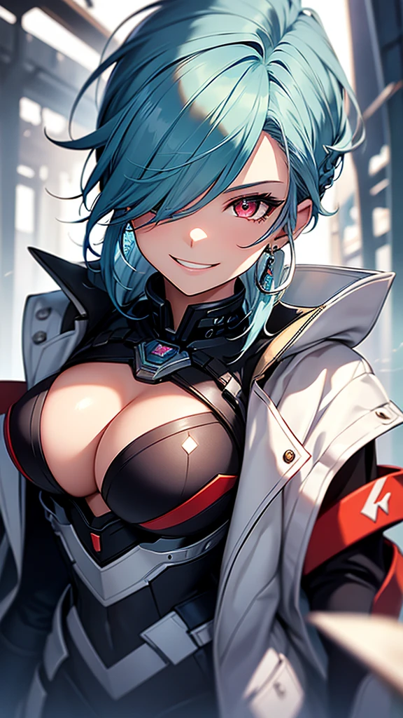 High resolution, One girl, chest, Blue Hair/Light blue hair, Cowboy Shot, Big chest, Red eyes, Big chest, Earrings, smile, smiling, 8k octane, High resolution, masterpiece, High detail, High-resolution model, high quality, Textured skin, Action Painting, Crystal Earrings, Smiling with teeth showing, One-eye eye mask, 