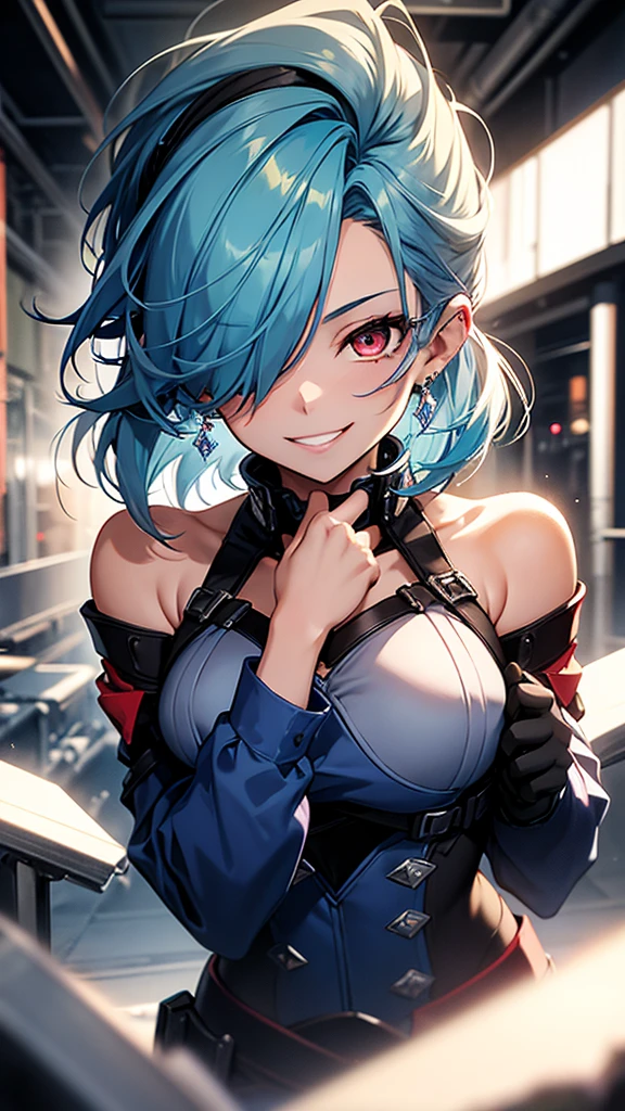 High resolution, One girl, chest, Blue Hair/Light blue hair, Cowboy Shot, Big chest, Red eyes, Big chest, Earrings, smile, smiling, 8k octane, High resolution, masterpiece, High detail, High-resolution model, high quality, Textured skin, Action Painting, Crystal Earrings, Smiling with teeth showing, One-eye eye mask, 